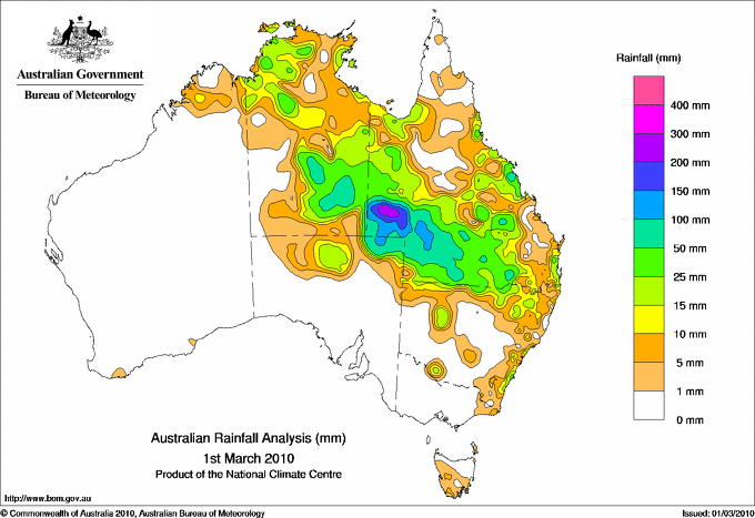 Australian Rainfall on 01 March 2010